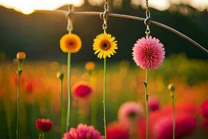 flowers hanging from a wire in a field. AI-Generated photo