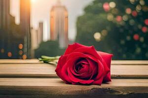 a red rose sitting on a wooden table in front of a cityscape. AI-Generated photo