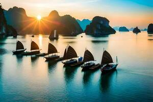 the sun sets over the water in halong bay. AI-Generated photo