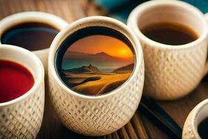 four cups of coffee with a sunset in the background. AI-Generated photo
