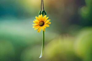 a single yellow sunflower hanging from a string. AI-Generated photo