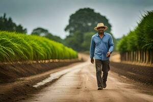 a man walking down a dirt road in a sugar cane field. AI-Generated photo