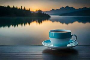 a cup of coffee on a wooden table in front of a lake at sunset. AI-Generated photo