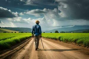 un hombre caminando abajo un suciedad la carretera con un caña. generado por ai foto