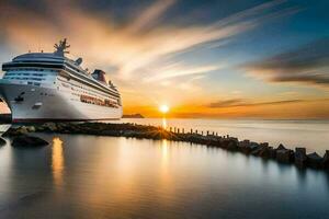 un crucero Embarcacion atracado a el puerto. generado por ai foto