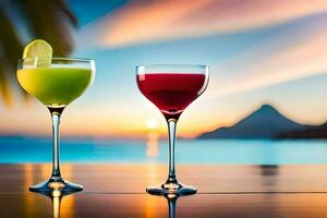 two cocktails on a table with sunset in the background. AI-Generated photo