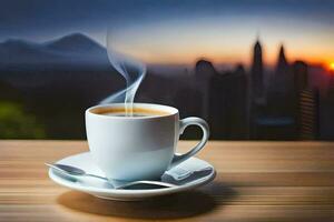 a cup of coffee on a table with a cityscape in the background. AI-Generated photo