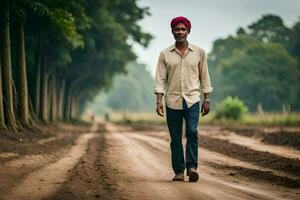 a man in a turban walking down a dirt road. AI-Generated photo