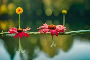 two flowers are sitting on a branch with water. AI-Generated photo