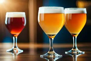 three different types of beer are lined up on a table. AI-Generated photo