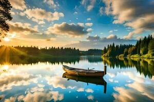 un barco se sienta en el calma agua a puesta de sol. generado por ai foto