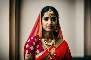 a beautiful indian bride in a red sari. AI-Generated photo