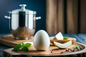 an egg on a cutting board with spices. AI-Generated photo