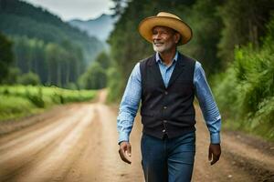 an older man wearing a hat and vest walking down a dirt road. AI-Generated photo
