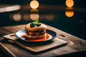 a burger on a plate with tomato sauce. AI-Generated photo