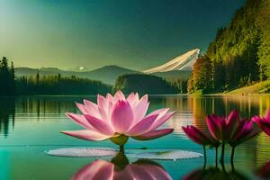 pink lotus flower in the water with mountains in the background. AI-Generated photo