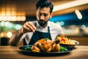 a man in a black apron is holding a chicken on a plate. AI-Generated photo