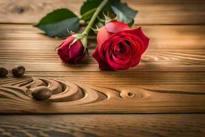 red roses on a wooden table. AI-Generated photo