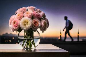 a vase of pink roses on a table with a man walking by. AI-Generated photo