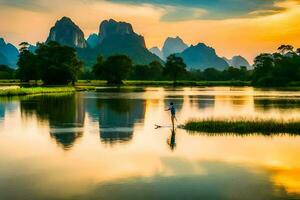 a man stands on a paddle board in the water at sunset. AI-Generated photo