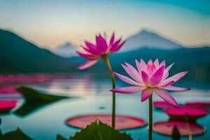 two pink lotus flowers are in the water with mountains in the background. AI-Generated photo