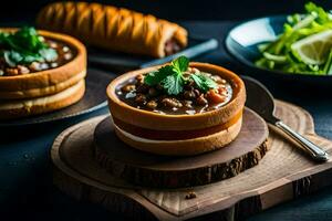 un cuenco de chile con un pan y vegetales. generado por ai foto