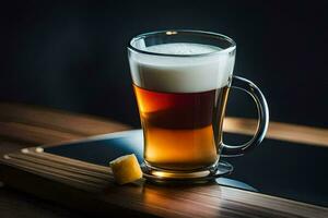 a glass of beer on a wooden table. AI-Generated photo