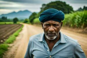 a man in a turban stands on a dirt road. AI-Generated photo