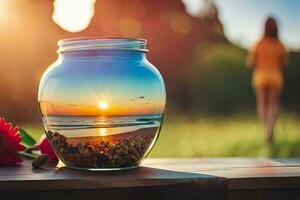 a jar with a flower and a sunset on the beach. AI-Generated photo