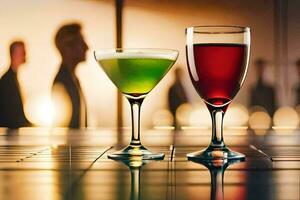 two glasses of different colored drinks on a bar. AI-Generated photo