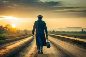 a man in a hat walks down a dirt road at sunset. AI-Generated photo