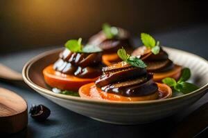 un plato de Fruta con chocolate salsa y menta hojas. generado por ai foto