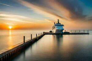 un crucero Embarcacion atracado a el final de un muelle a puesta de sol. generado por ai foto