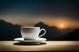 a cup of coffee on a table in front of a mountain. AI-Generated photo