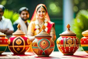 a bride and groom are standing in front of colorful pots. AI-Generated photo