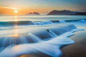 the sun sets over the ocean and waves crashing on the beach. AI-Generated photo
