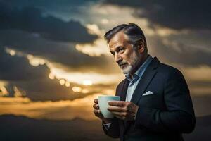 un hombre en un traje participación un taza de café. generado por ai foto