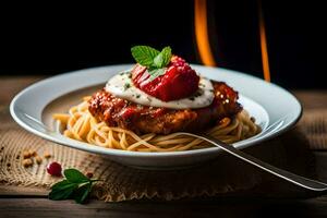 a plate of spaghetti with tomato sauce and a fork. AI-Generated photo