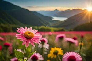 pink flowers in a field with mountains in the background. AI-Generated photo