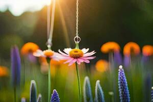 a flower hanging from a string in a field. AI-Generated photo