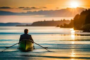 un hombre en un barco remar fuera a mar a puesta de sol. generado por ai foto