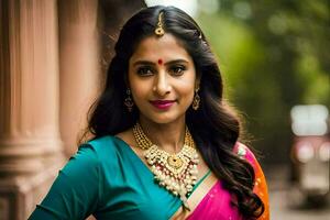 an indian woman in a colorful sari. AI-Generated photo