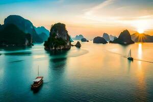 the sun sets over the water in halong bay. AI-Generated photo