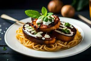 a plate with spaghetti and grilled squash. AI-Generated photo