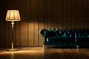 a blue couch and lamp in a dark room. AI-Generated photo