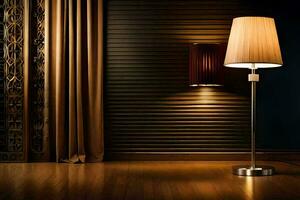 a lamp is on a wooden floor in front of a window. AI-Generated photo