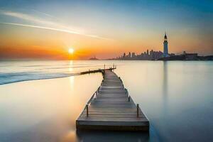 a long pier stretches into the ocean at sunset. AI-Generated photo