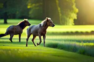 dos caballos corriendo en el césped en un soleado día. generado por ai foto