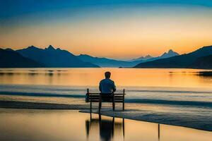 un hombre sentado en un banco con vista a un lago a puesta de sol. generado por ai foto