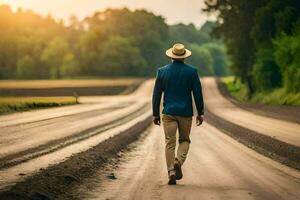 un hombre en un sombrero camina abajo un suciedad la carretera. generado por ai foto